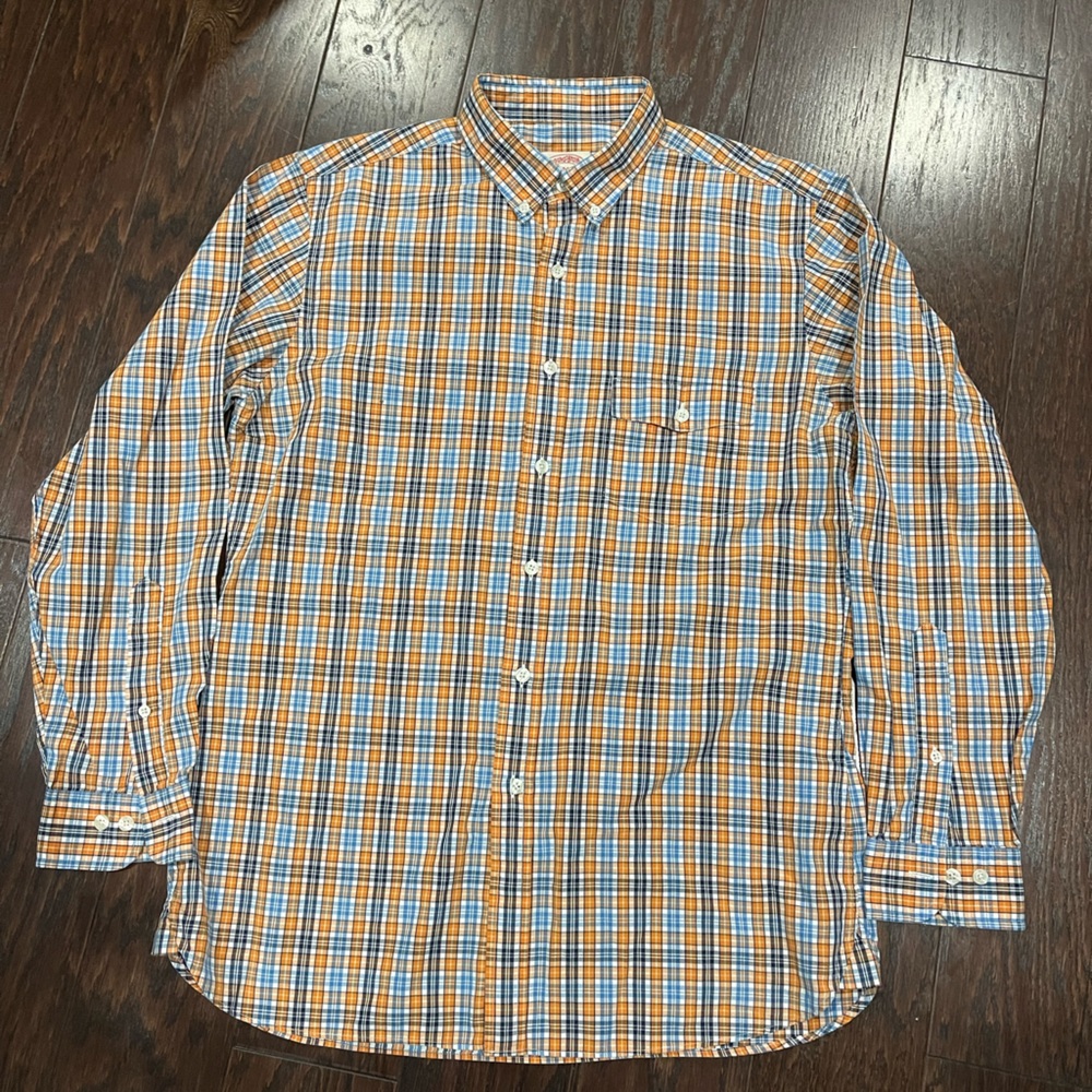 Brooks Brothers shirt mens yellow blue 
plaid button up Cotton Size Medium